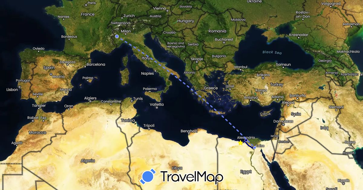 TravelMap itinerary: driving, volo internazionale in Egypt, Italy (Africa, Europe)