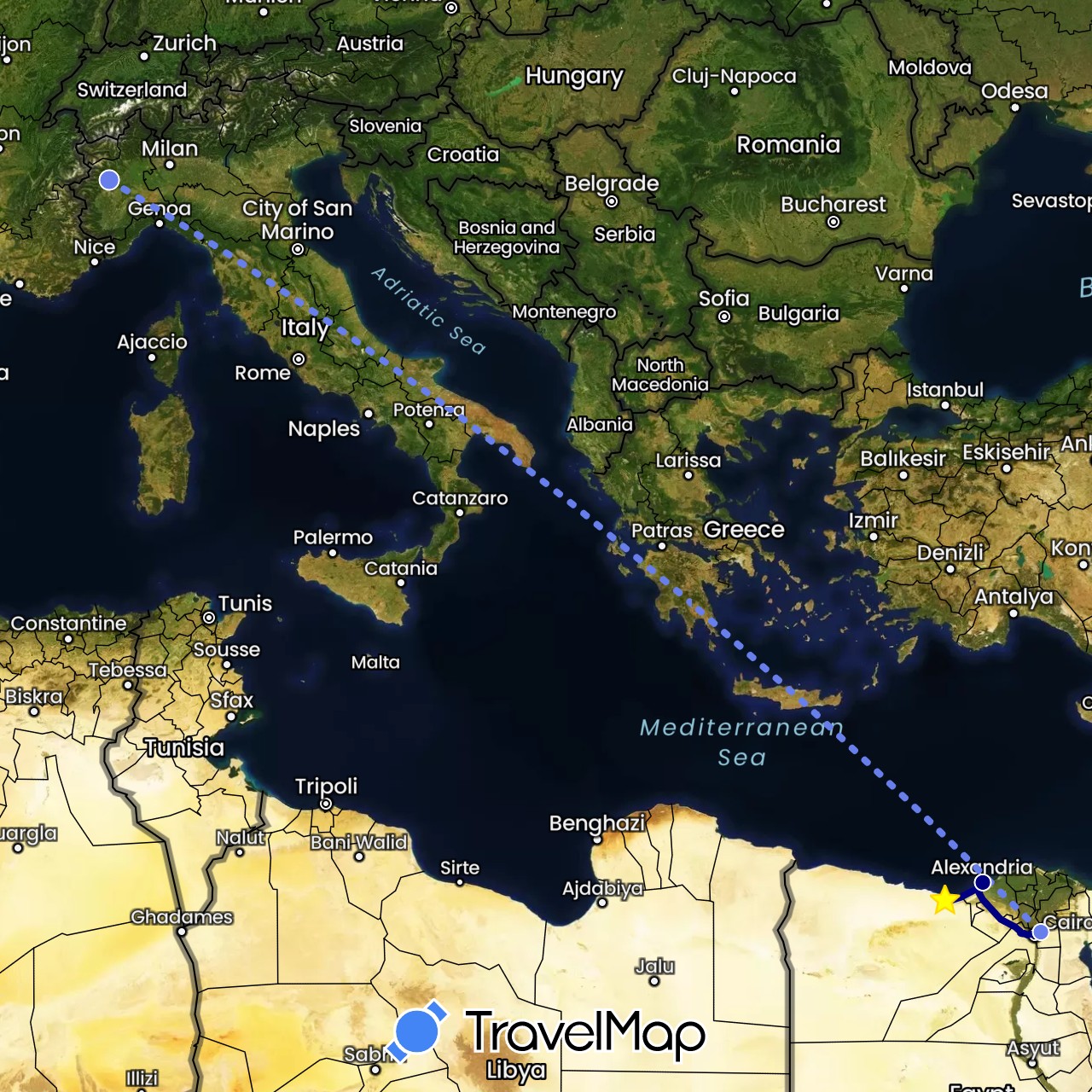 TravelMap itinerary: driving, volo internazionale in Egypt, Italy (Africa, Europe)