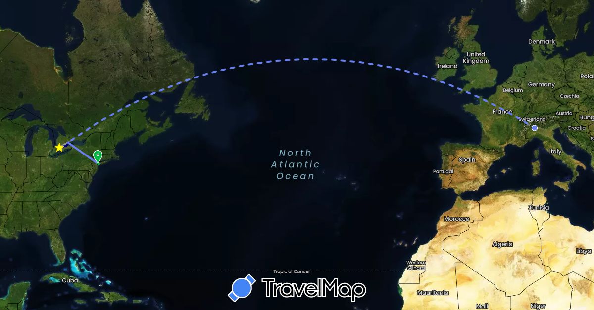 TravelMap itinerary: driving, bus, plane, volo internazionale in Canada, Italy, United States (Europe, North America)