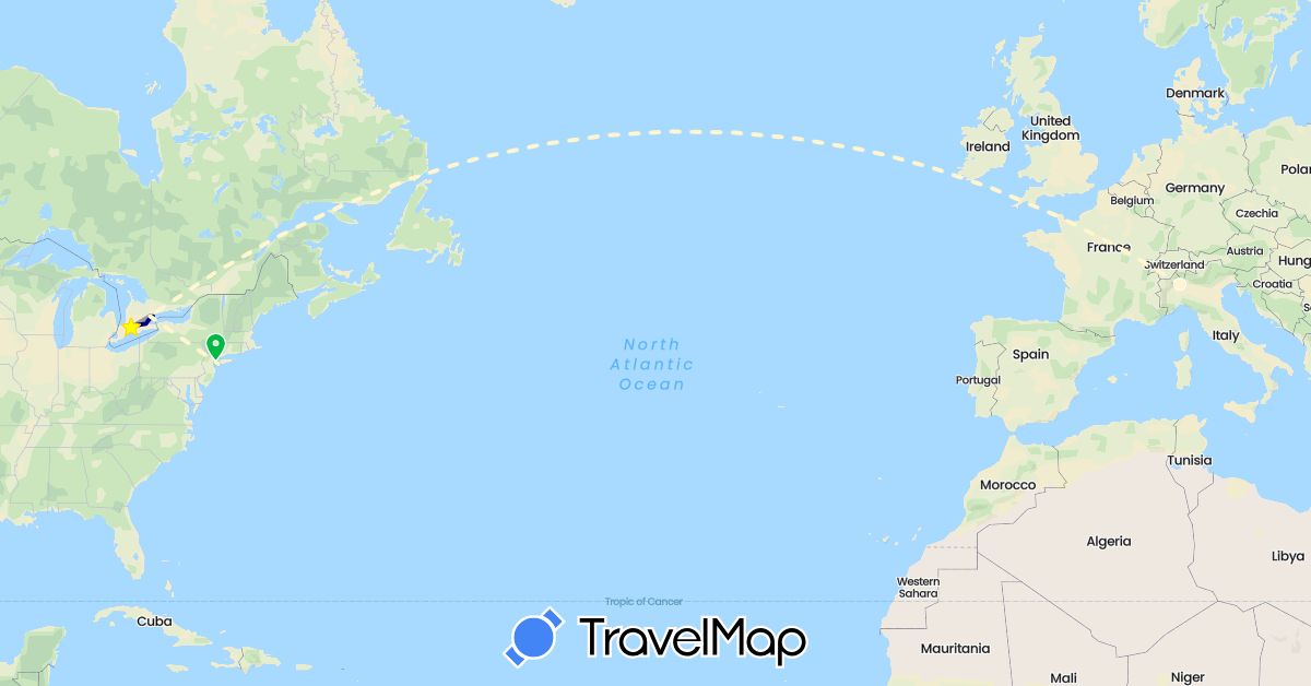 TravelMap itinerary: driving, bus, plane, volo internazionale in Canada, Italy, United States (Europe, North America)