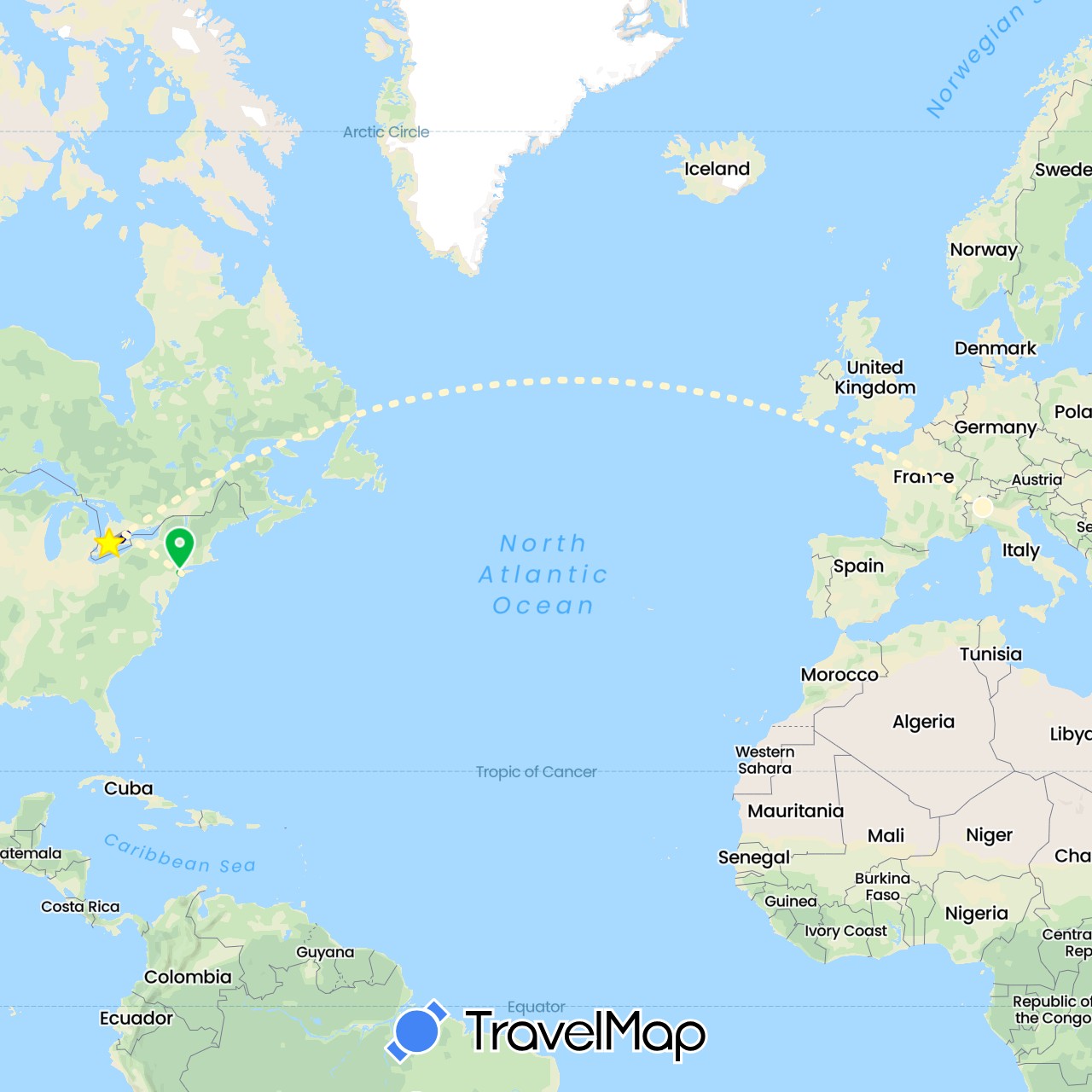 TravelMap itinerary: driving, bus, plane, volo internazionale in Canada, Italy, United States (Europe, North America)
