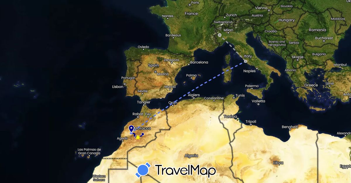 TravelMap itinerary: driving, plane, volo internazionale in Italy, Morocco (Africa, Europe)
