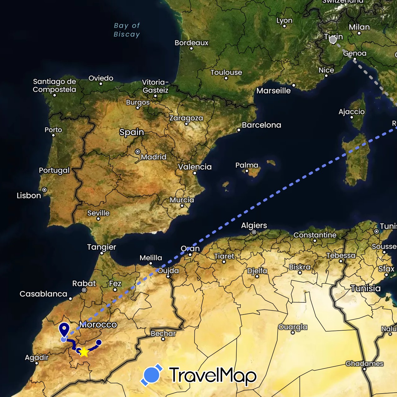 TravelMap itinerary: driving, plane, volo internazionale in Italy, Morocco (Africa, Europe)