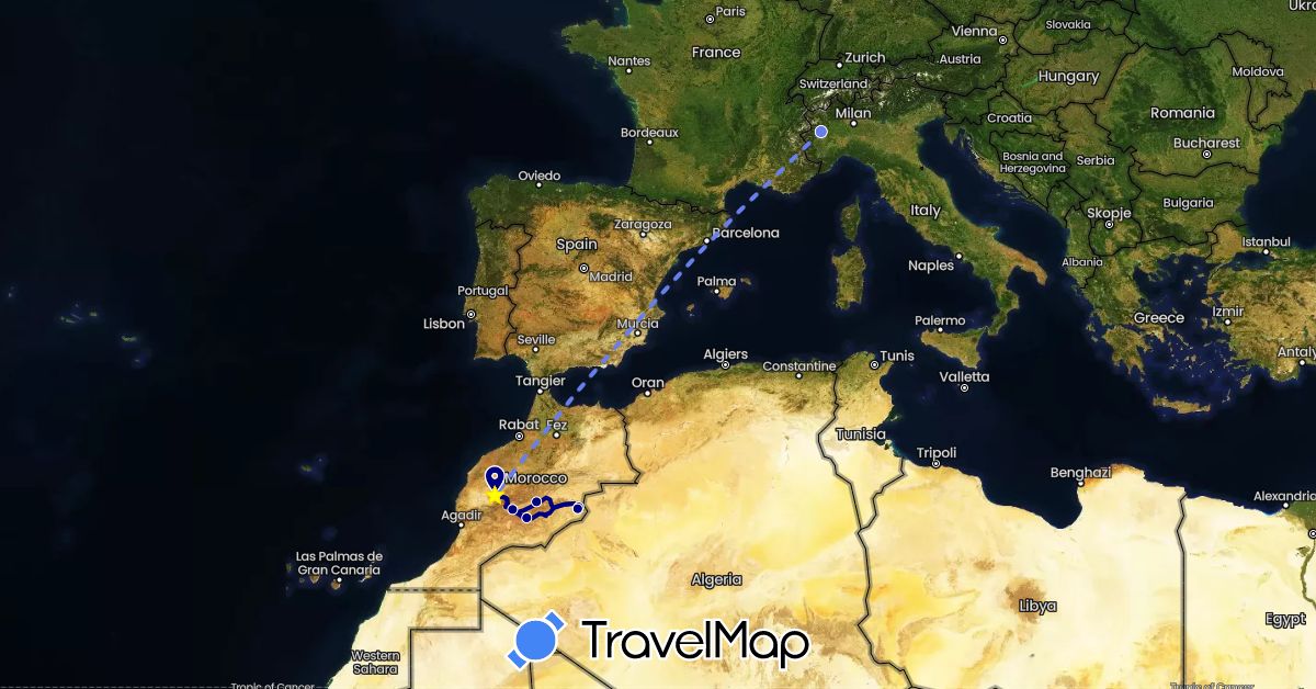 TravelMap itinerary: driving, volo internazionale in Italy, Morocco (Africa, Europe)