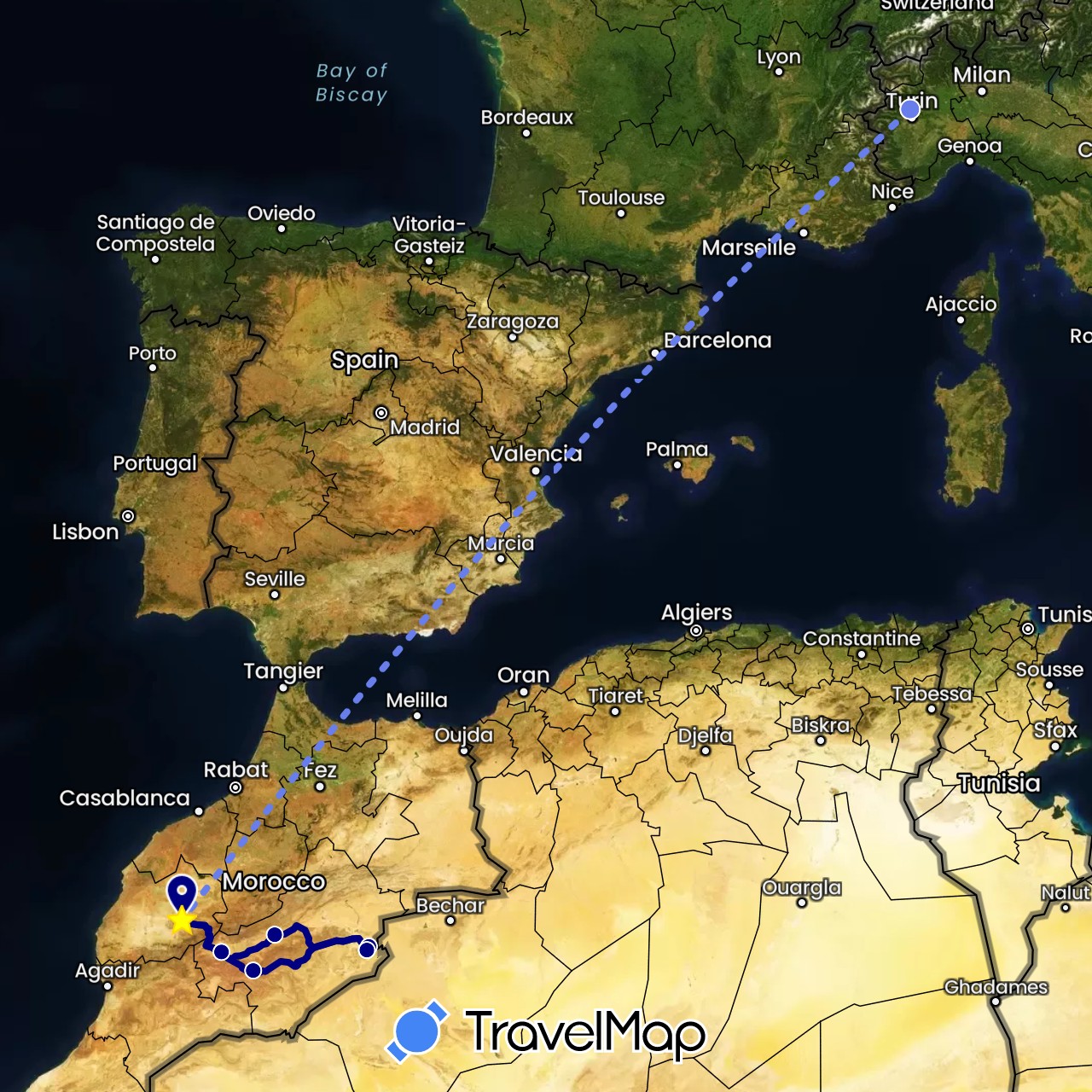 TravelMap itinerary: driving, volo internazionale in Italy, Morocco (Africa, Europe)