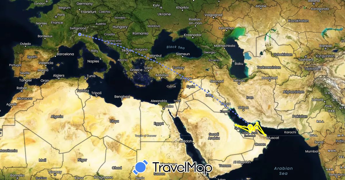 TravelMap itinerary: driving, volo internazionale, crociera in United Arab Emirates, Bahrain, Iran, Italy, Oman (Asia, Europe)
