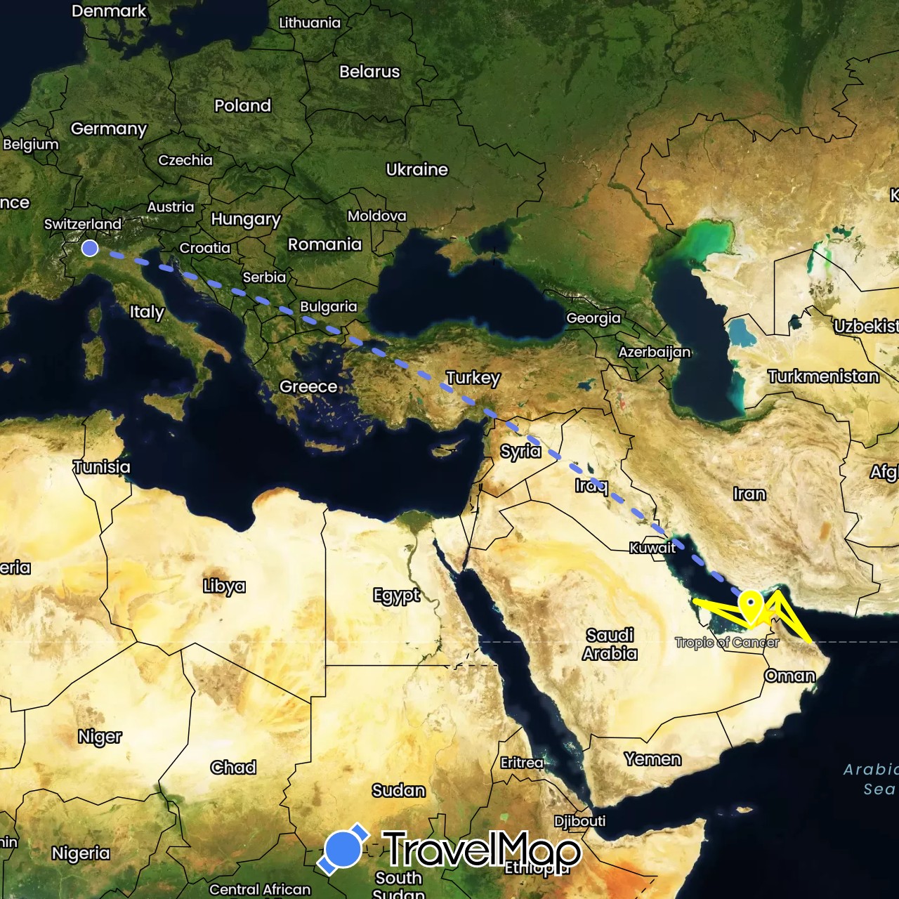 TravelMap itinerary: driving, volo internazionale, crociera in United Arab Emirates, Bahrain, Iran, Italy, Oman (Asia, Europe)