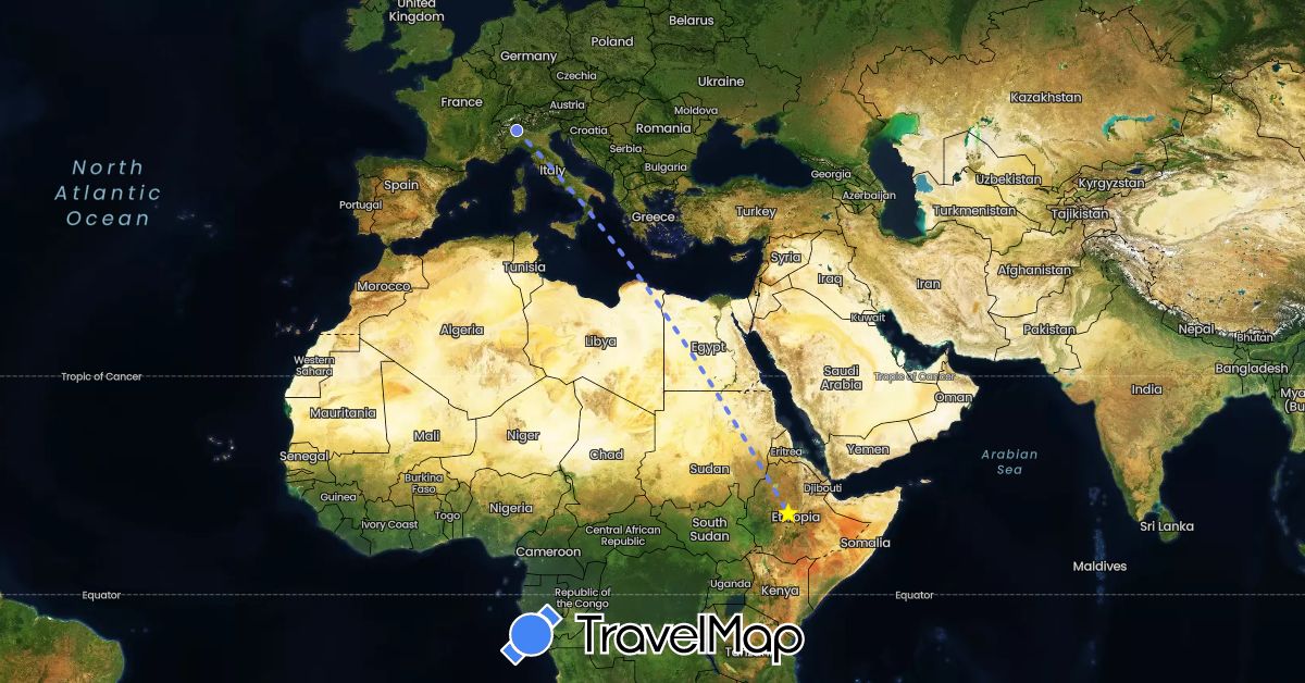 TravelMap itinerary: driving, volo internazionale in Ethiopia, Italy (Africa, Europe)