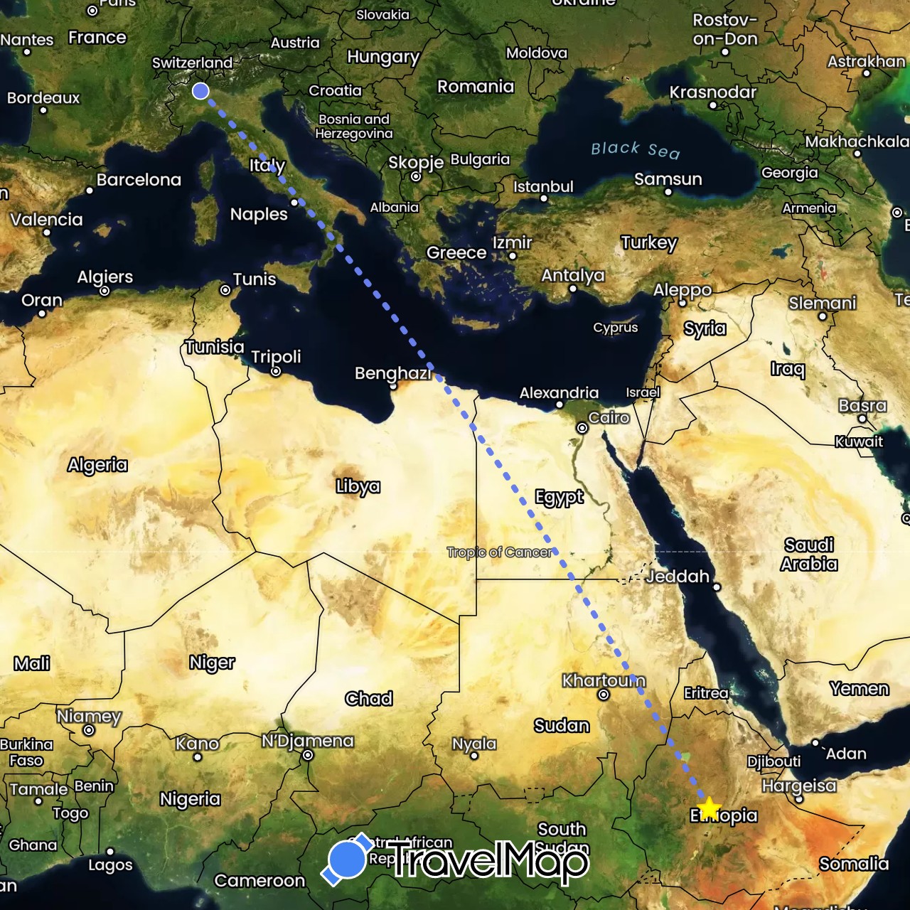 TravelMap itinerary: driving, volo internazionale in Ethiopia, Italy (Africa, Europe)