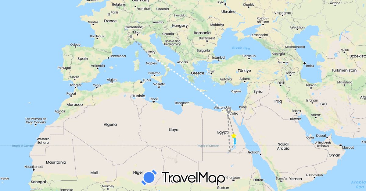 TravelMap itinerary: driving, plane, boat, volo internazionale in Egypt, Italy (Africa, Europe)