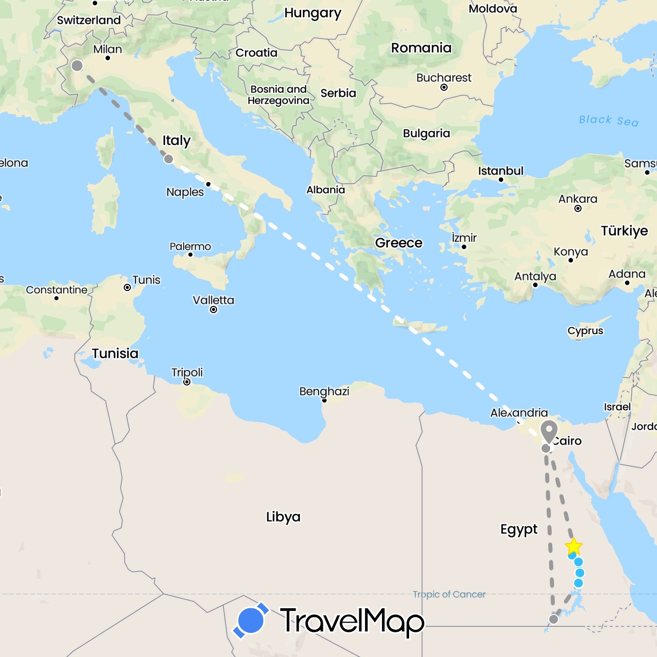 TravelMap itinerary: driving, plane, boat, volo internazionale in Egypt, Italy (Africa, Europe)