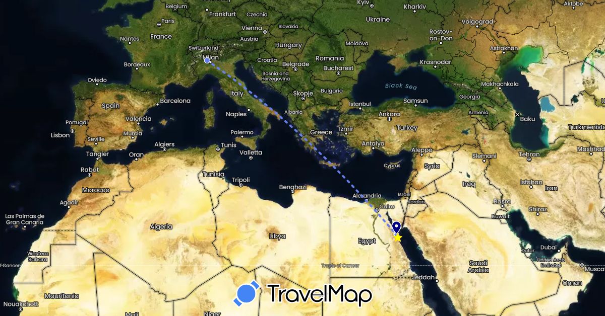 TravelMap itinerary: driving, volo internazionale in Egypt, Italy (Africa, Europe)