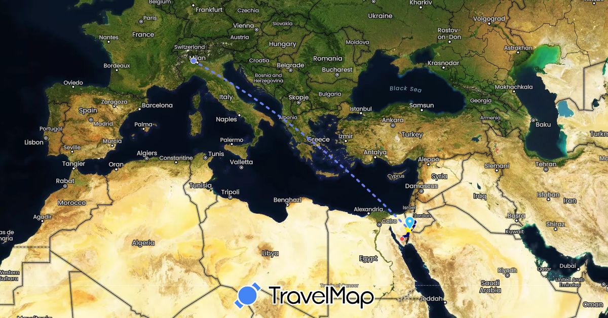 TravelMap itinerary: driving, hiking, boat, volo internazionale in Egypt, Italy, Jordan (Africa, Asia, Europe)