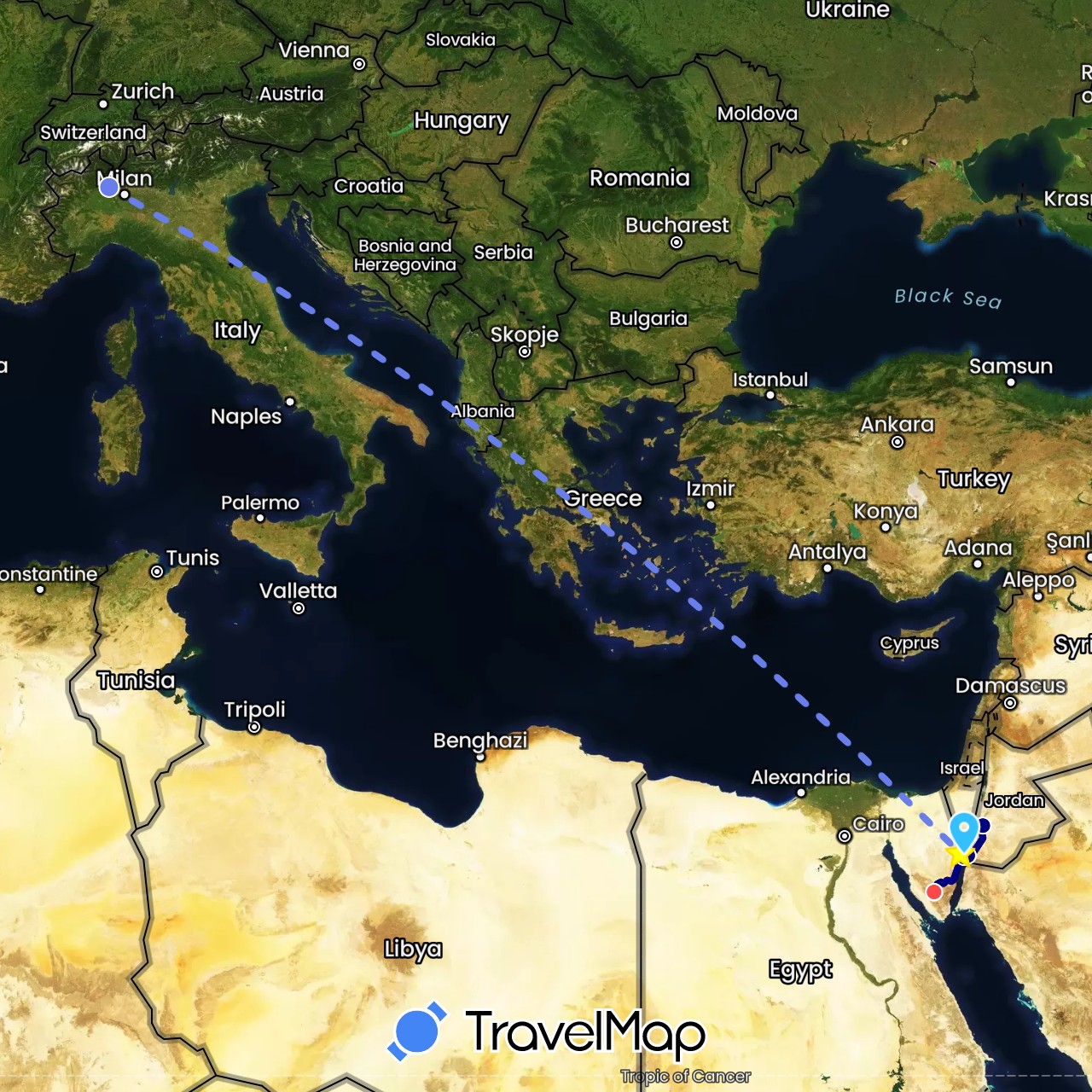 TravelMap itinerary: driving, hiking, boat, volo internazionale in Egypt, Italy, Jordan (Africa, Asia, Europe)