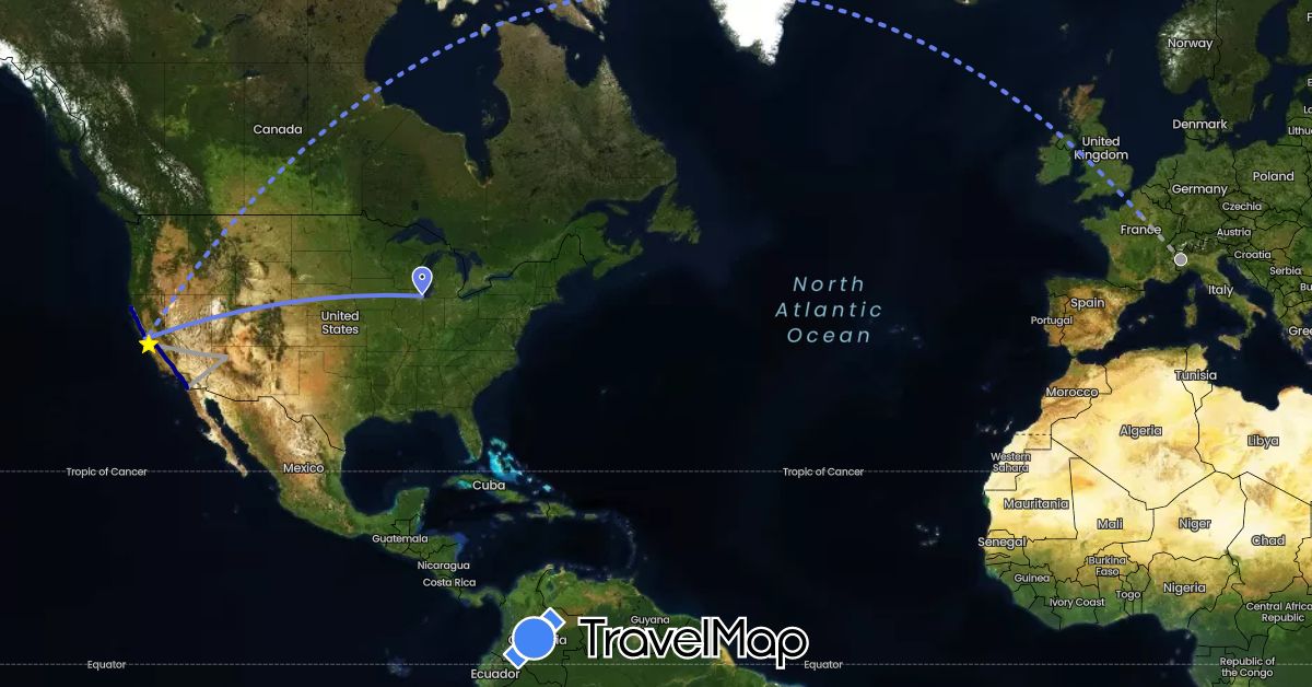TravelMap itinerary: driving, plane, volo internazionale in France, Italy, United States (Europe, North America)
