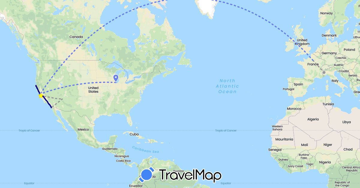 TravelMap itinerary: driving, plane, volo internazionale in France, Italy, United States (Europe, North America)