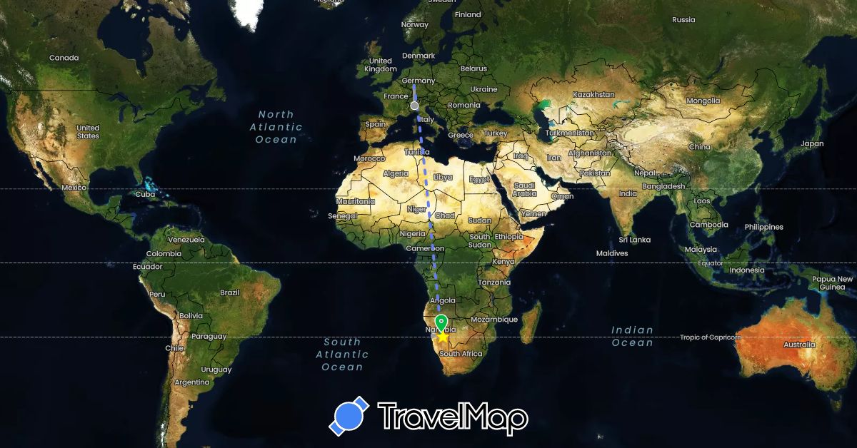 TravelMap itinerary: driving, bus, plane, volo internazionale in Germany, Italy, Namibia (Africa, Europe)