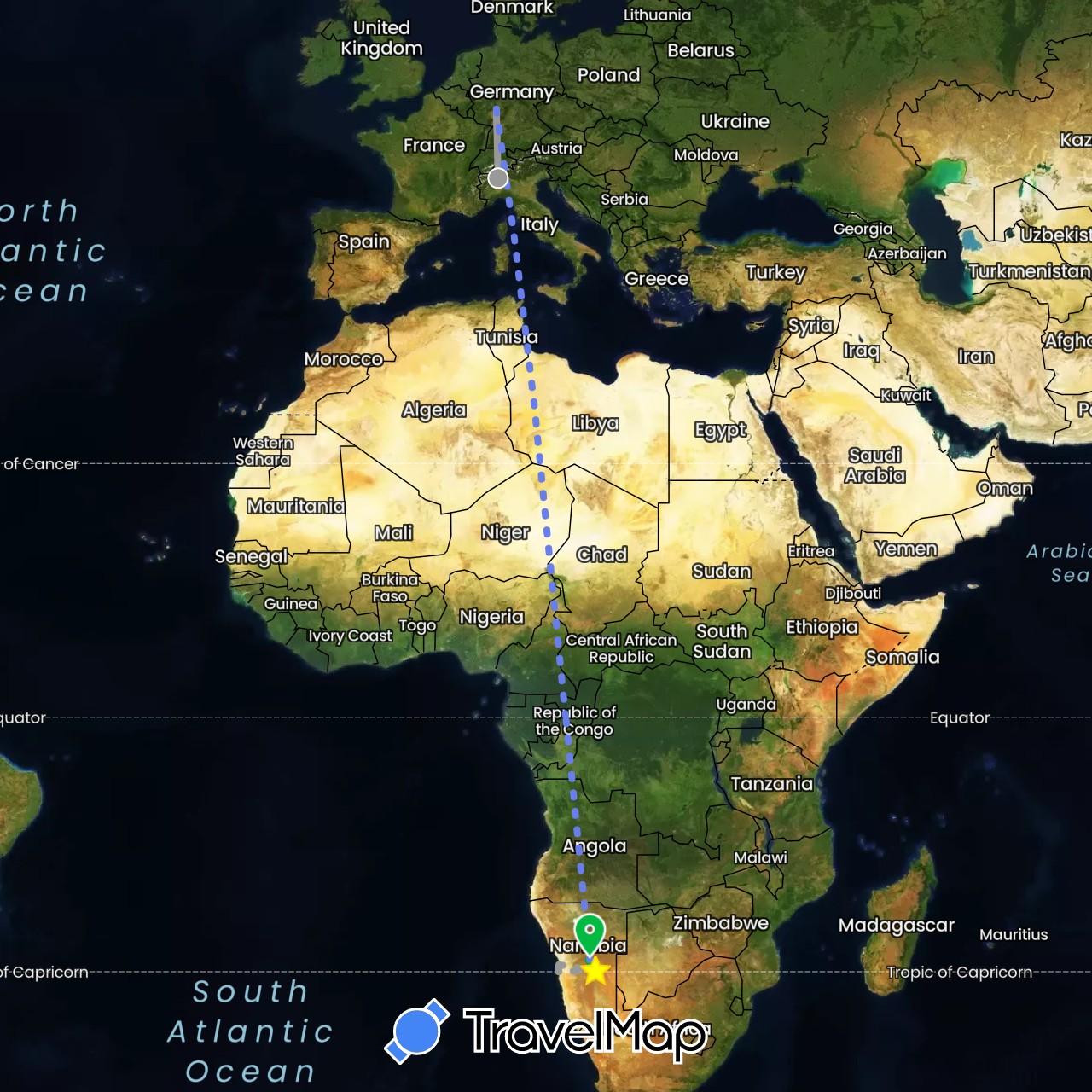 TravelMap itinerary: driving, bus, plane, volo internazionale in Germany, Italy, Namibia (Africa, Europe)