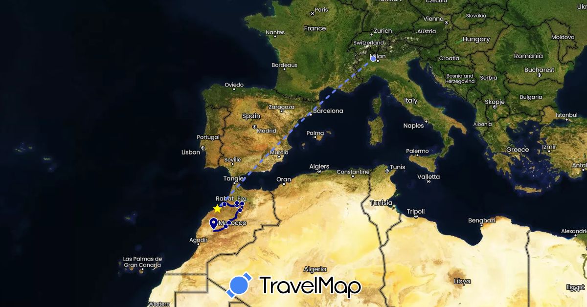TravelMap itinerary: driving, volo internazionale in Italy, Morocco (Africa, Europe)
