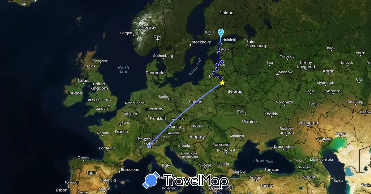 TravelMap itinerary: driving, boat, volo internazionale in Estonia, Finland, Italy, Lithuania, Latvia (Europe)