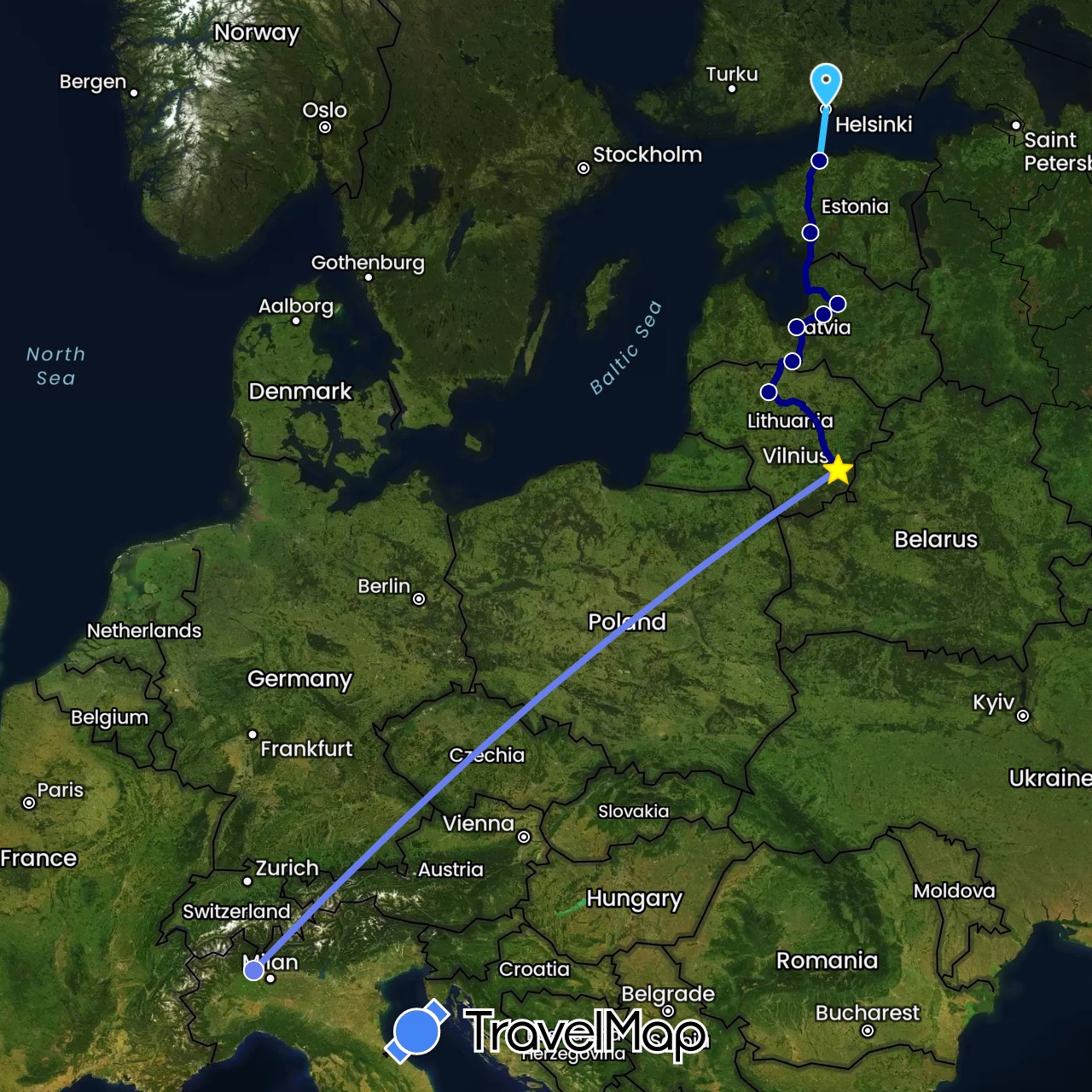 TravelMap itinerary: driving, boat, volo internazionale in Estonia, Finland, Italy, Lithuania, Latvia (Europe)
