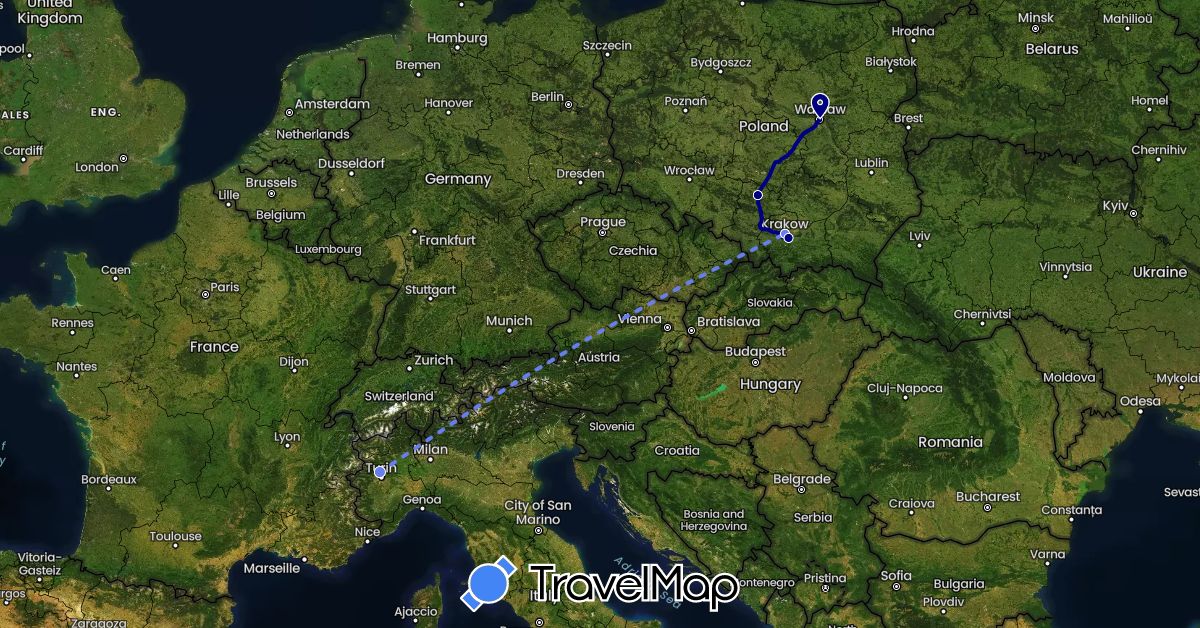 TravelMap itinerary: driving, volo internazionale in Italy, Poland (Europe)
