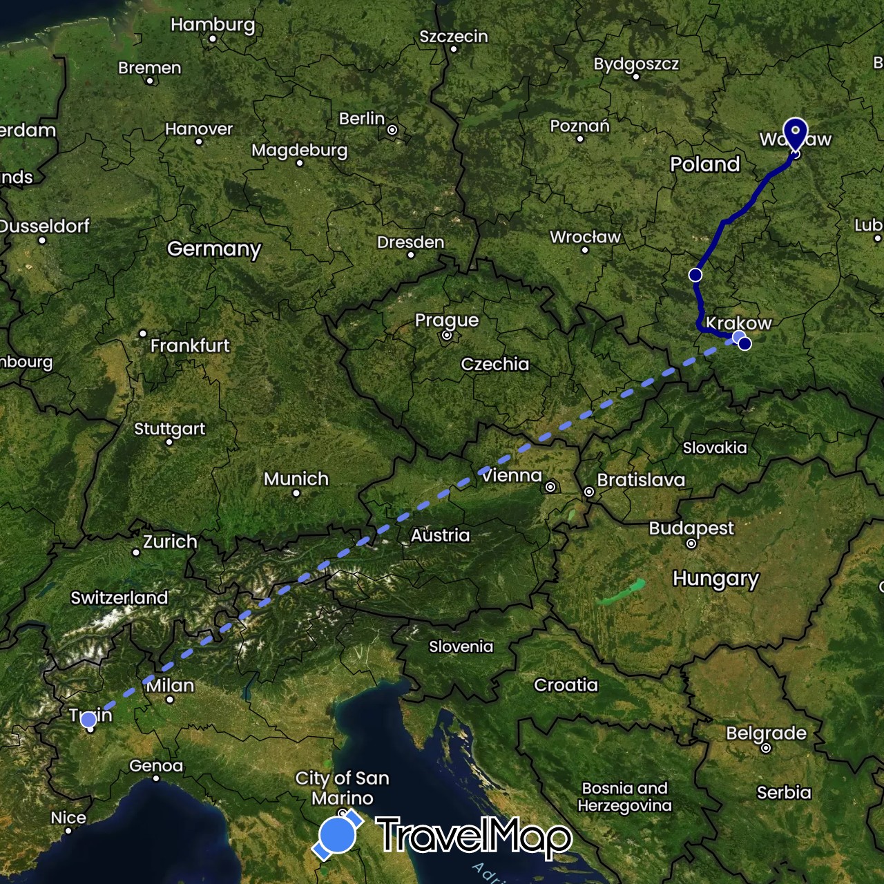 TravelMap itinerary: driving, volo internazionale in Italy, Poland (Europe)