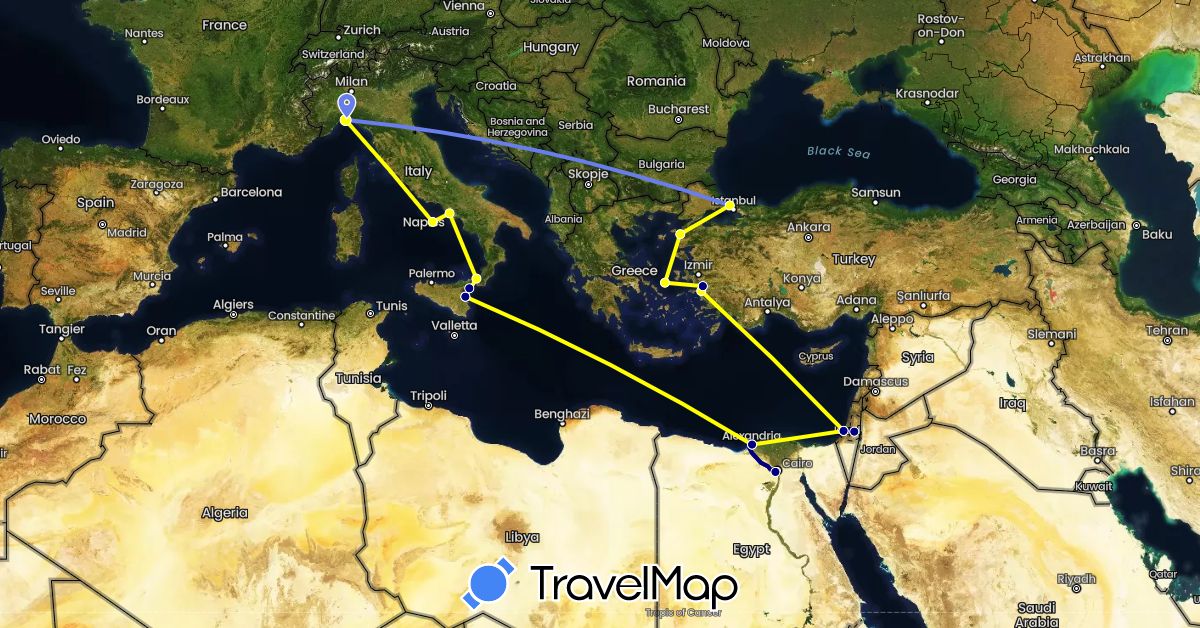 TravelMap itinerary: driving, volo internazionale, crociera in Egypt, Greece, Israel, Italy, Turkey (Africa, Asia, Europe)
