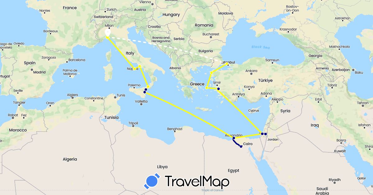 TravelMap itinerary: driving, volo internazionale, crociera in Egypt, Greece, Israel, Italy, Turkey (Africa, Asia, Europe)