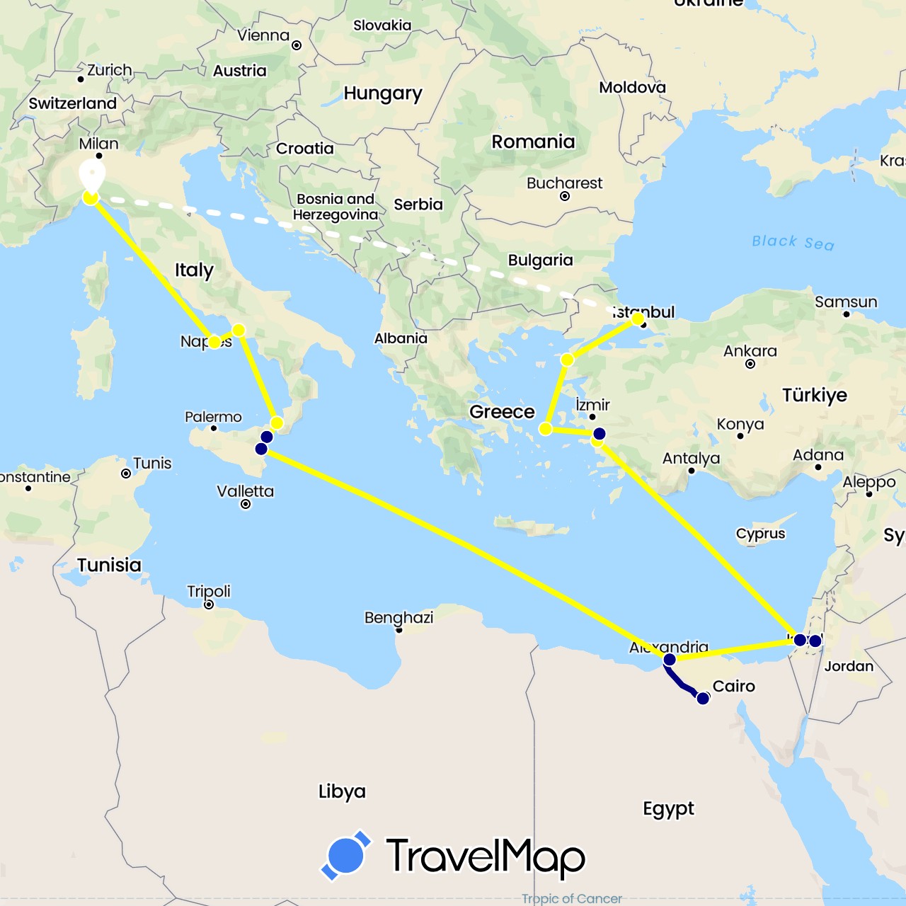 TravelMap itinerary: driving, volo internazionale, crociera in Egypt, Greece, Israel, Italy, Turkey (Africa, Asia, Europe)