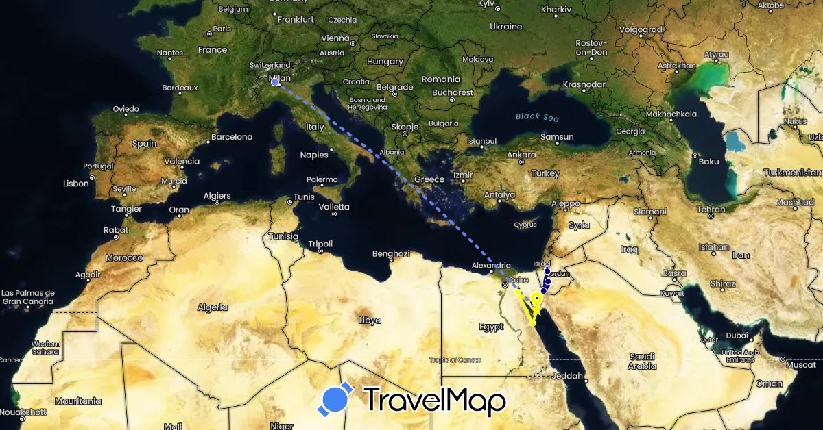 TravelMap itinerary: driving, volo internazionale, crociera in Egypt, Israel, Italy, Jordan (Africa, Asia, Europe)