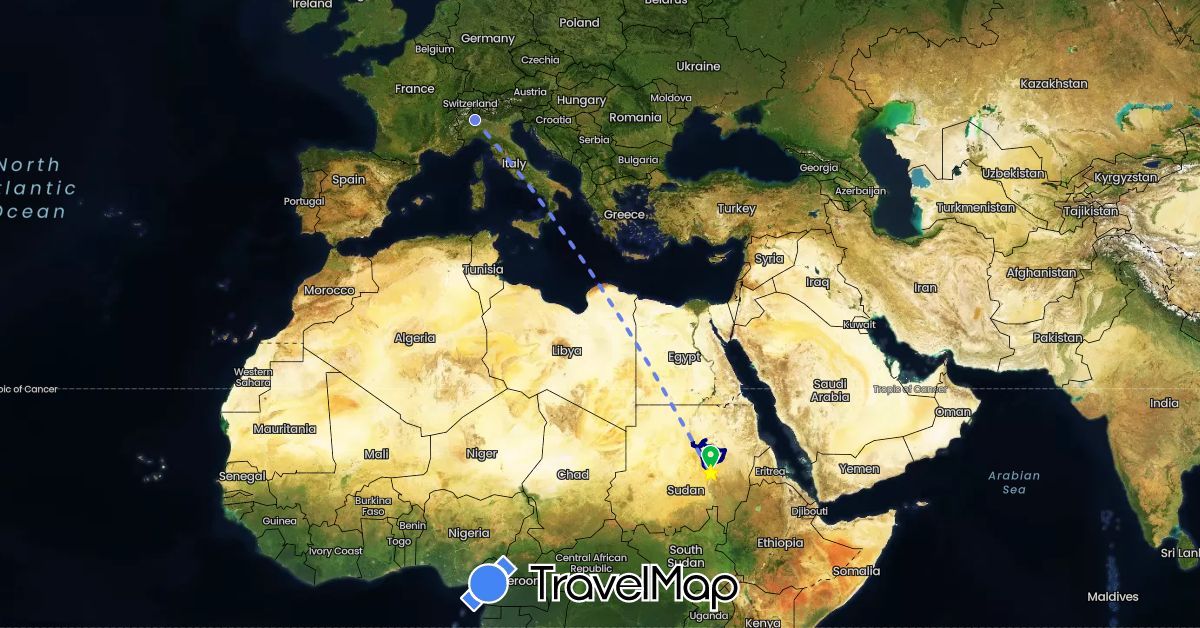 TravelMap itinerary: driving, bus, volo internazionale in Italy, Sudan (Africa, Europe)