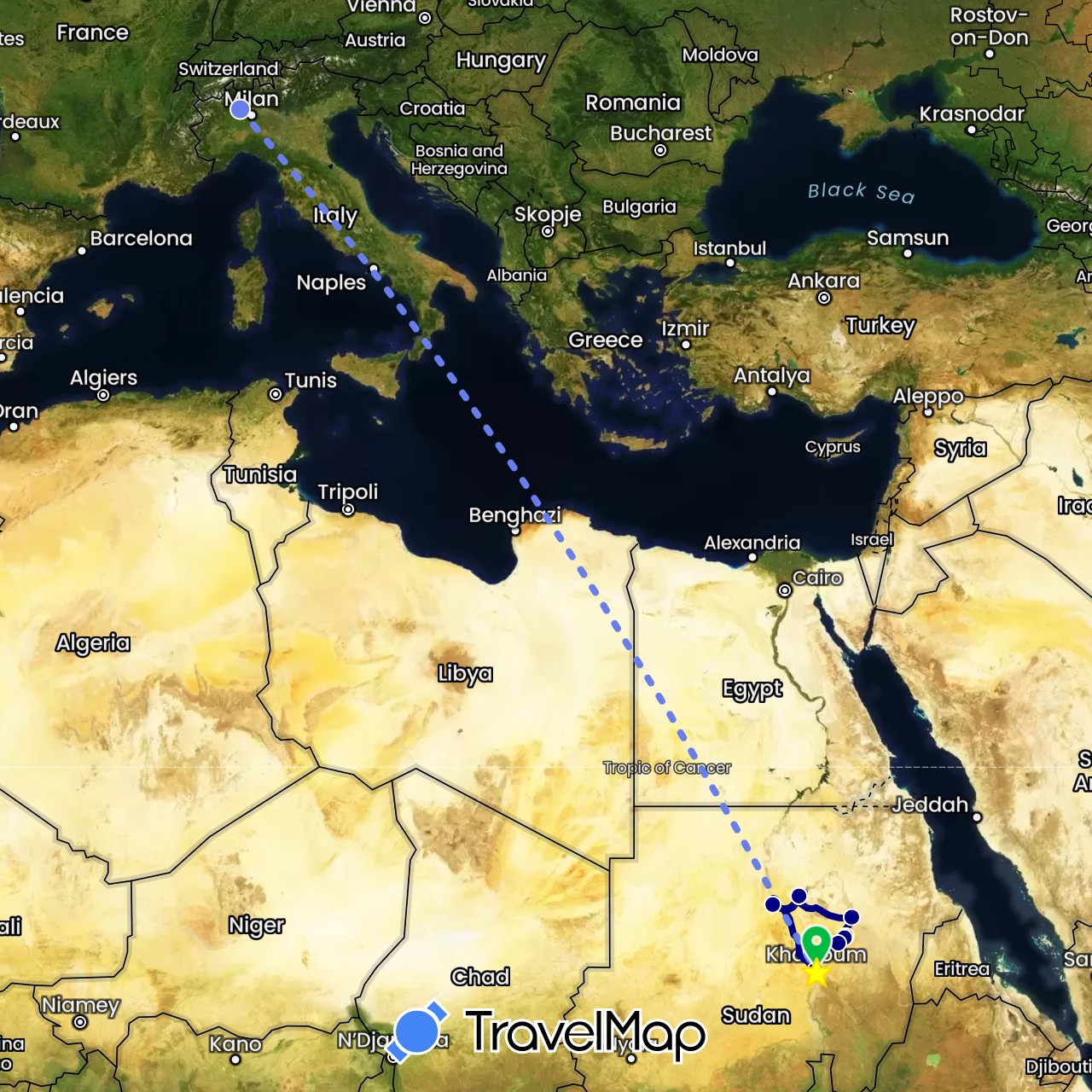 TravelMap itinerary: driving, bus, volo internazionale in Italy, Sudan (Africa, Europe)