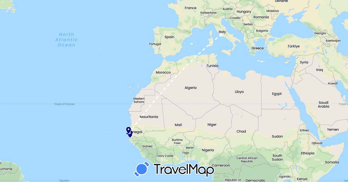 TravelMap itinerary: driving, boat, volo internazionale in Italy, Senegal (Africa, Europe)