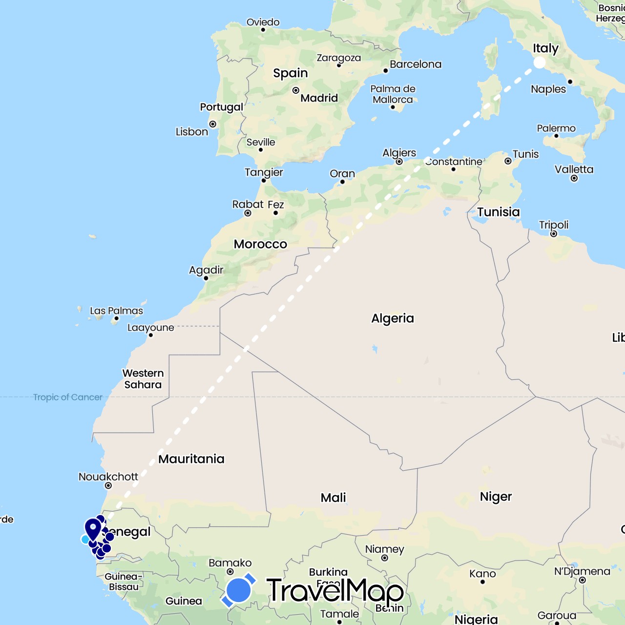 TravelMap itinerary: driving, boat, volo internazionale in Italy, Senegal (Africa, Europe)