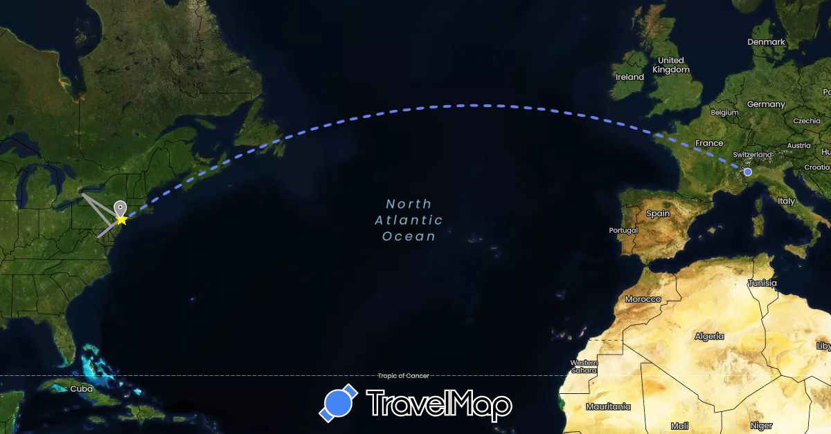 TravelMap itinerary: driving, plane, volo internazionale in Italy, United States (Europe, North America)