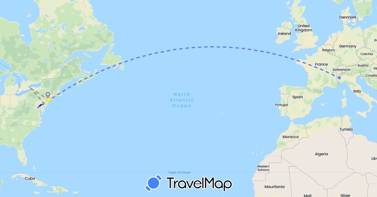 TravelMap itinerary: driving, plane, volo internazionale in Italy, United States (Europe, North America)