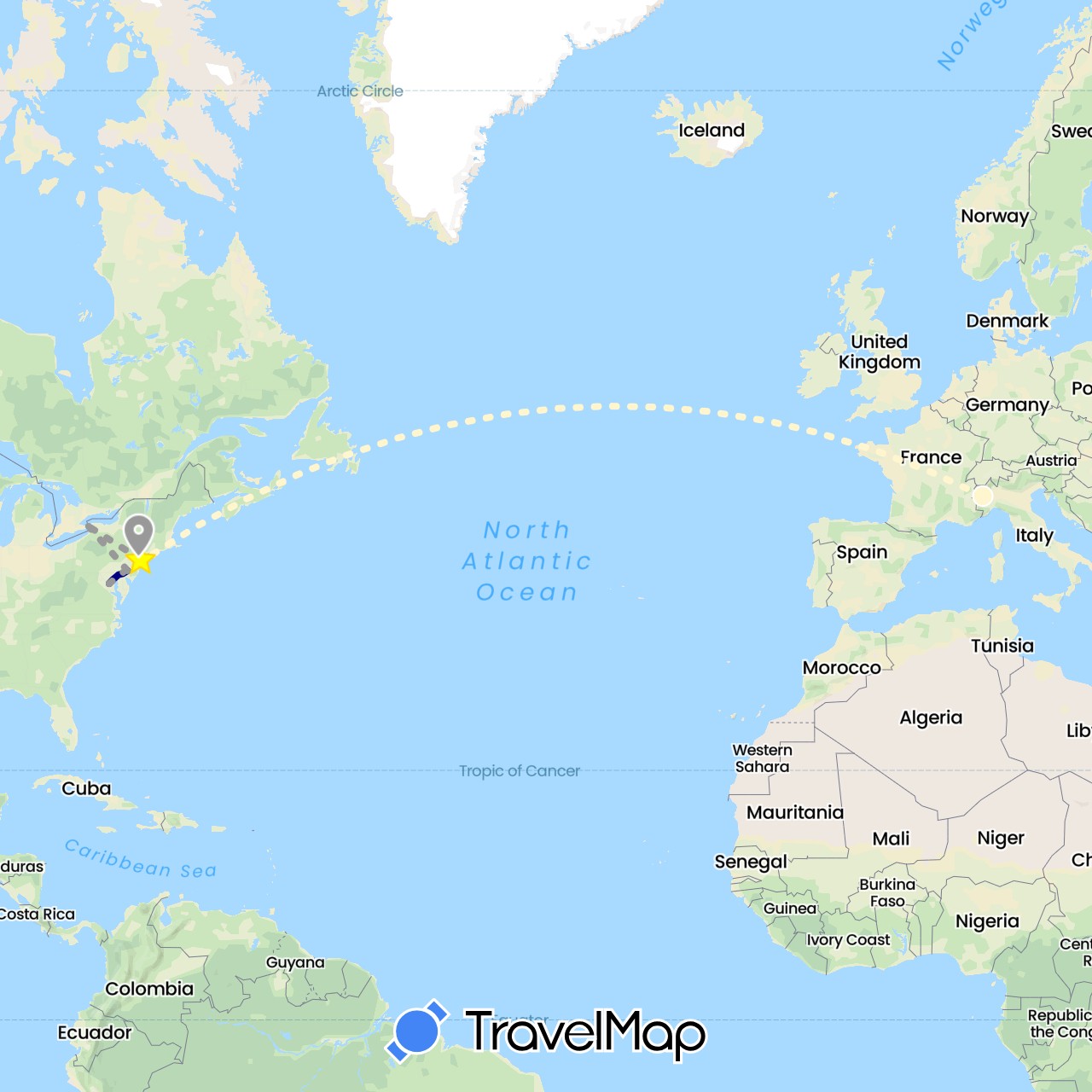 TravelMap itinerary: driving, plane, volo internazionale in Italy, United States (Europe, North America)