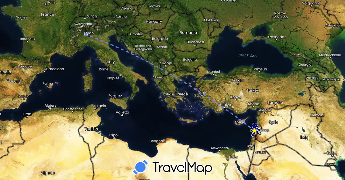 TravelMap itinerary: driving, volo internazionale in Italy, Lebanon (Asia, Europe)