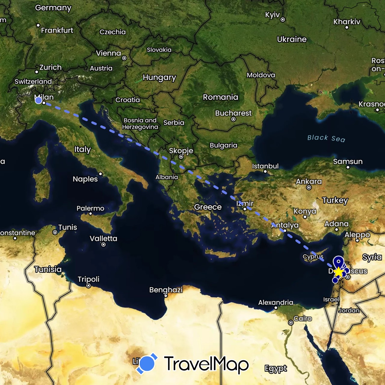 TravelMap itinerary: driving, volo internazionale in Italy, Lebanon (Asia, Europe)