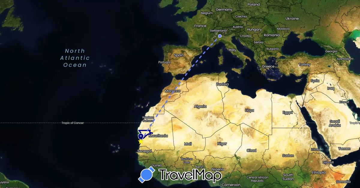 TravelMap itinerary: driving, volo internazionale in Italy, Mauritania (Africa, Europe)