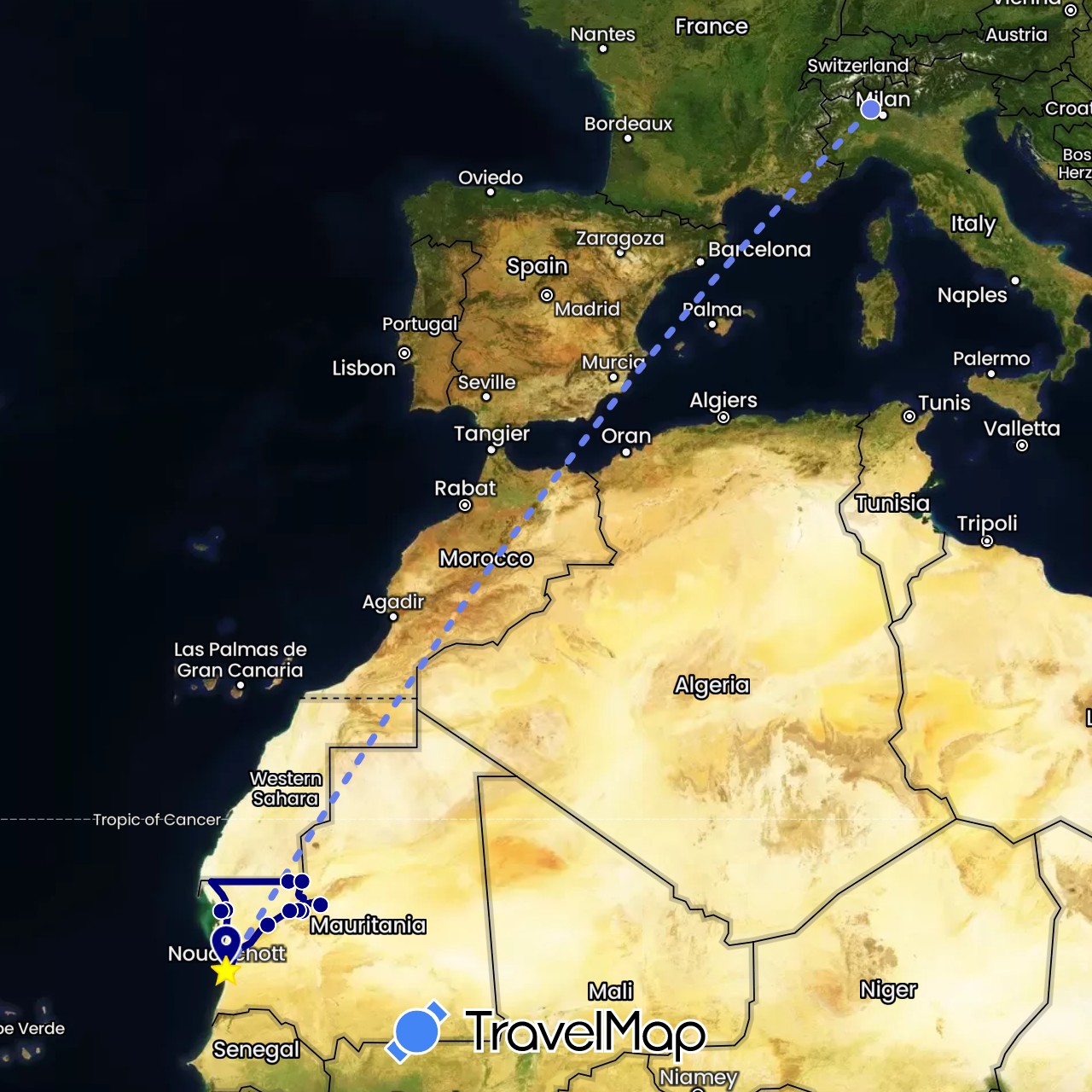 TravelMap itinerary: driving, volo internazionale in Italy, Mauritania (Africa, Europe)