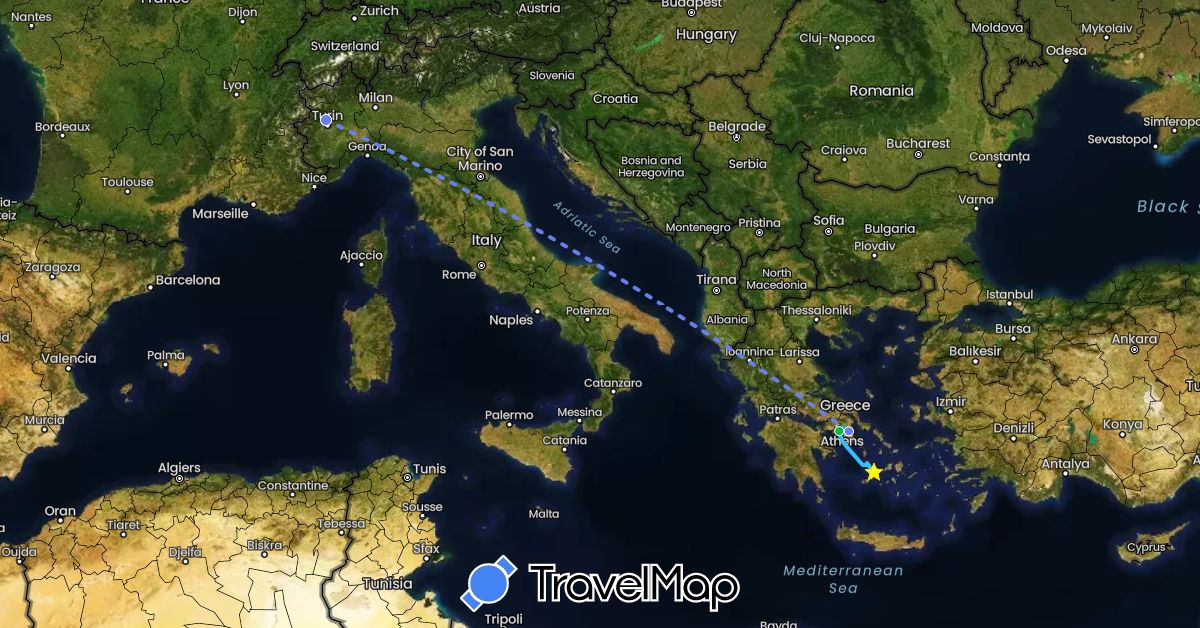 TravelMap itinerary: driving, bus, boat, volo internazionale in Greece, Italy (Europe)
