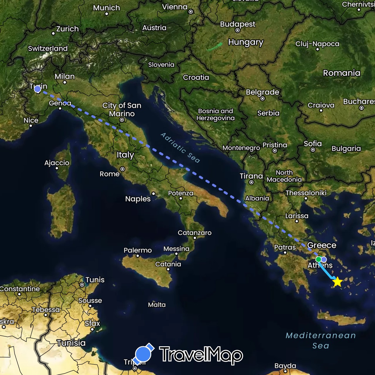 TravelMap itinerary: driving, bus, boat, volo internazionale in Greece, Italy (Europe)