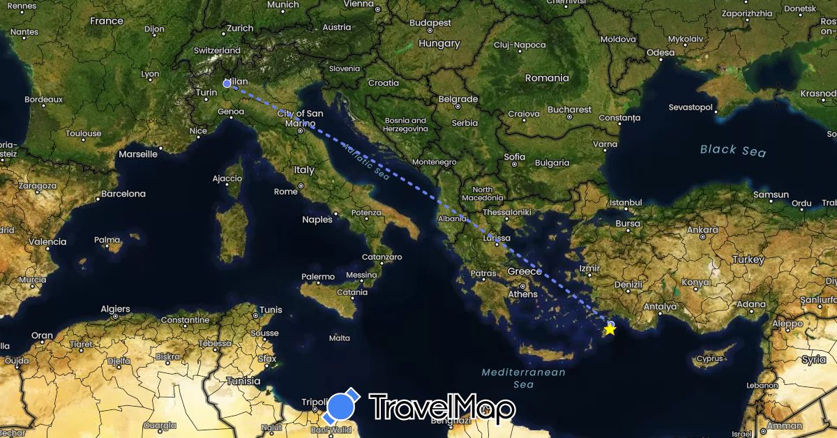 TravelMap itinerary: driving, bus, volo internazionale in Greece, Italy (Europe)