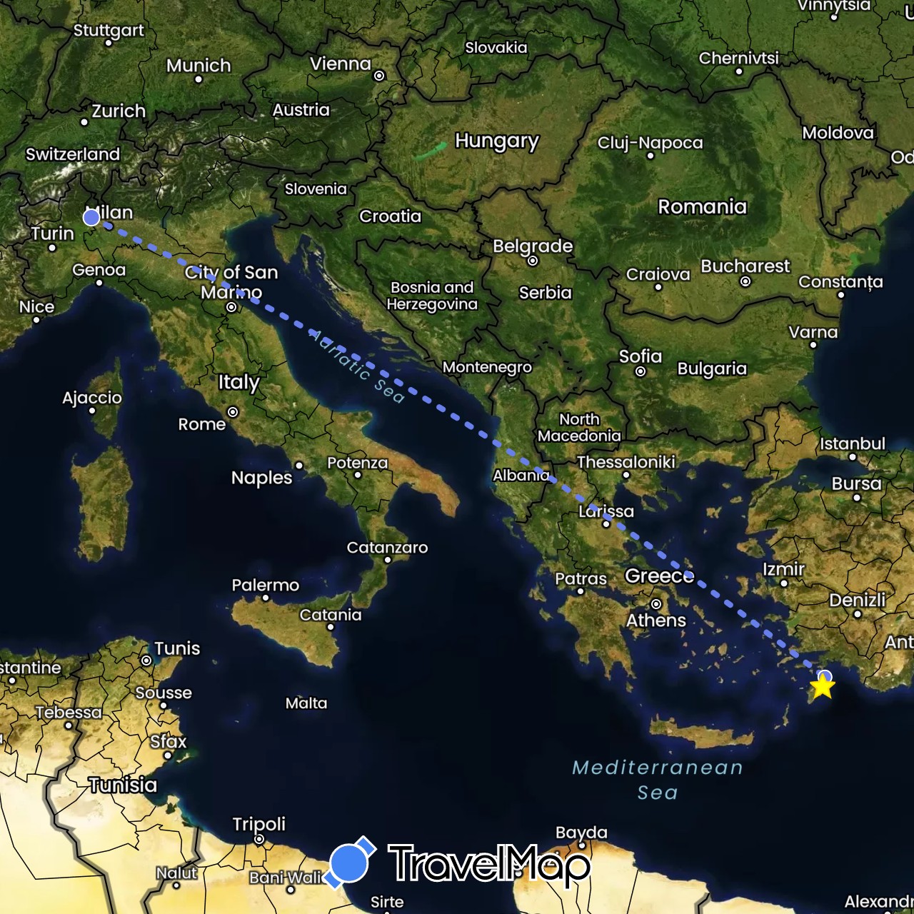 TravelMap itinerary: driving, bus, volo internazionale in Greece, Italy (Europe)