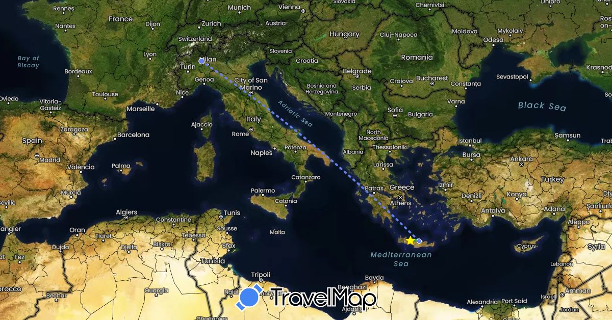 TravelMap itinerary: driving, bus, volo internazionale in Greece, Italy (Europe)