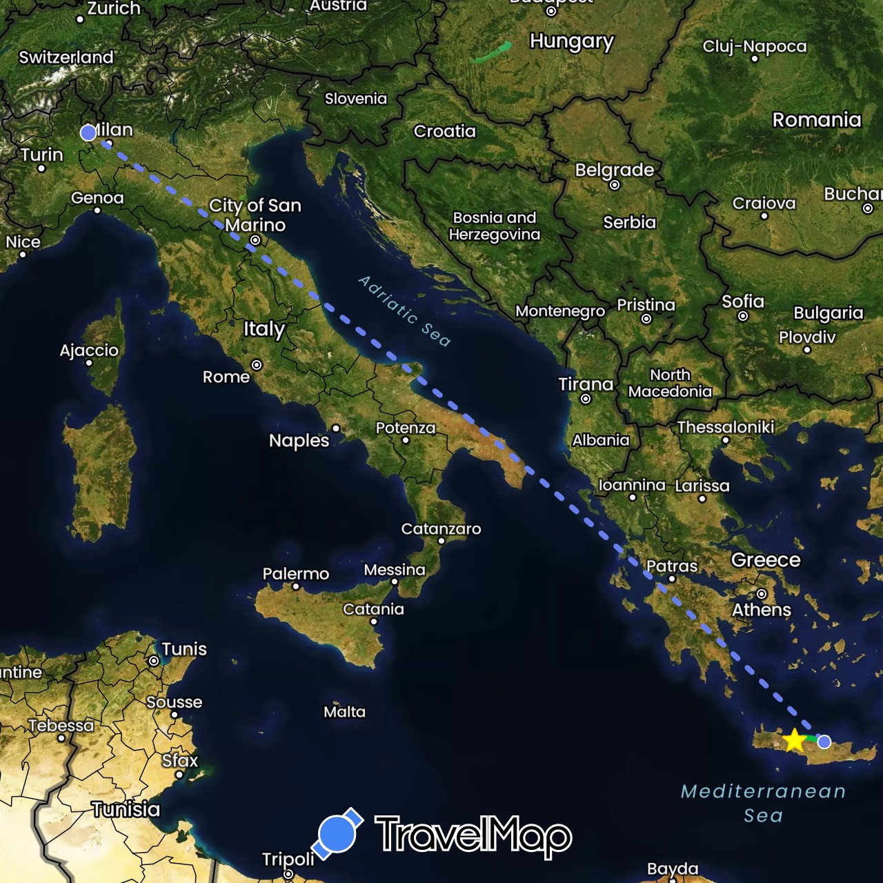 TravelMap itinerary: driving, bus, volo internazionale in Greece, Italy (Europe)